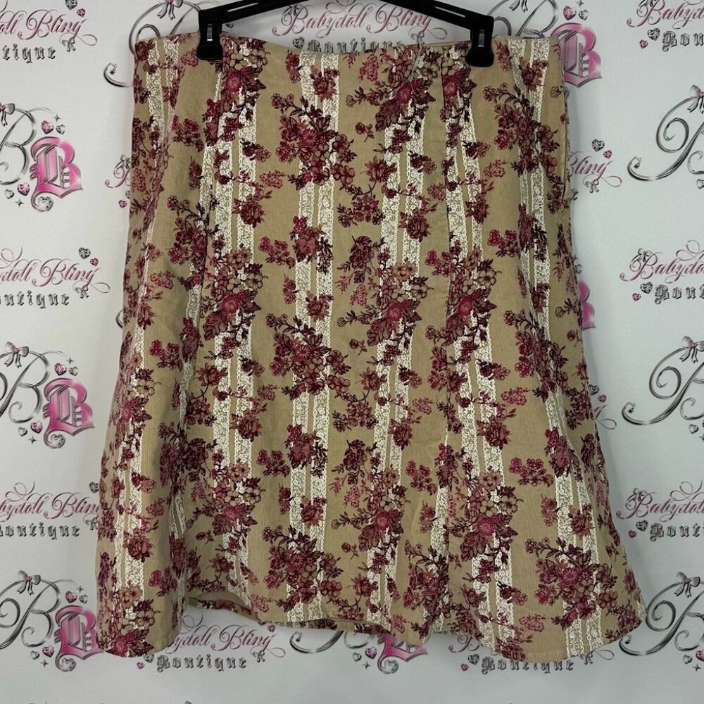 Cherokee skirt soft corduroy style Beige and Pink Floral A-Line Skirt flowers